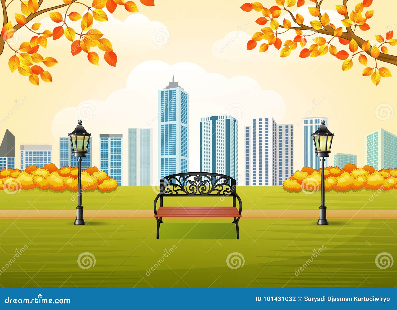 Beautiful Autumn City Park with Town Building Background Stock Vector ...