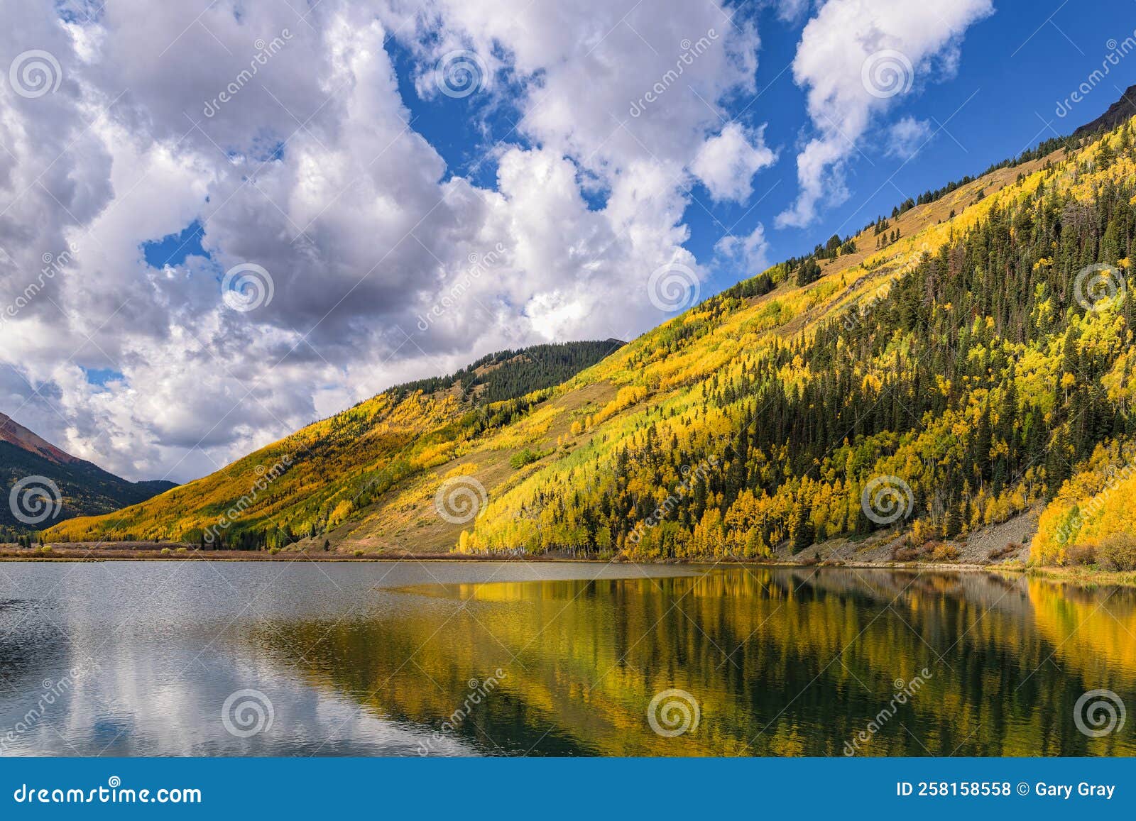 beautiful autumn color in the colorado rocky mountains. reflections on crystal lake near ouray, colorado