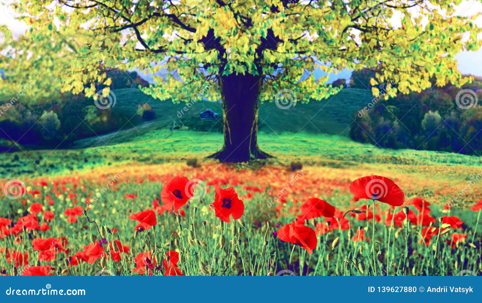 Beautiful Autumn Landscape with a Lonely Tree and Poppies Meditation ...
