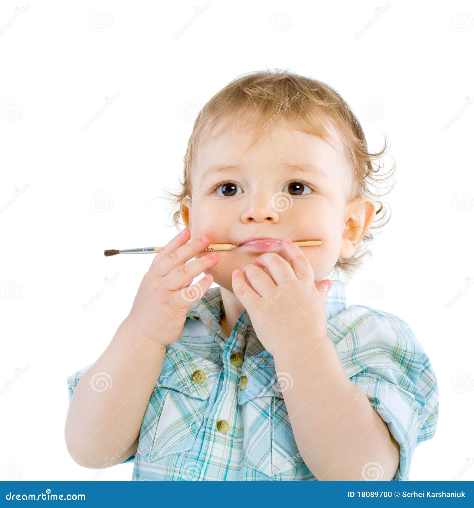Beautiful Baby with Paint Brush Stock Photo Image of teething