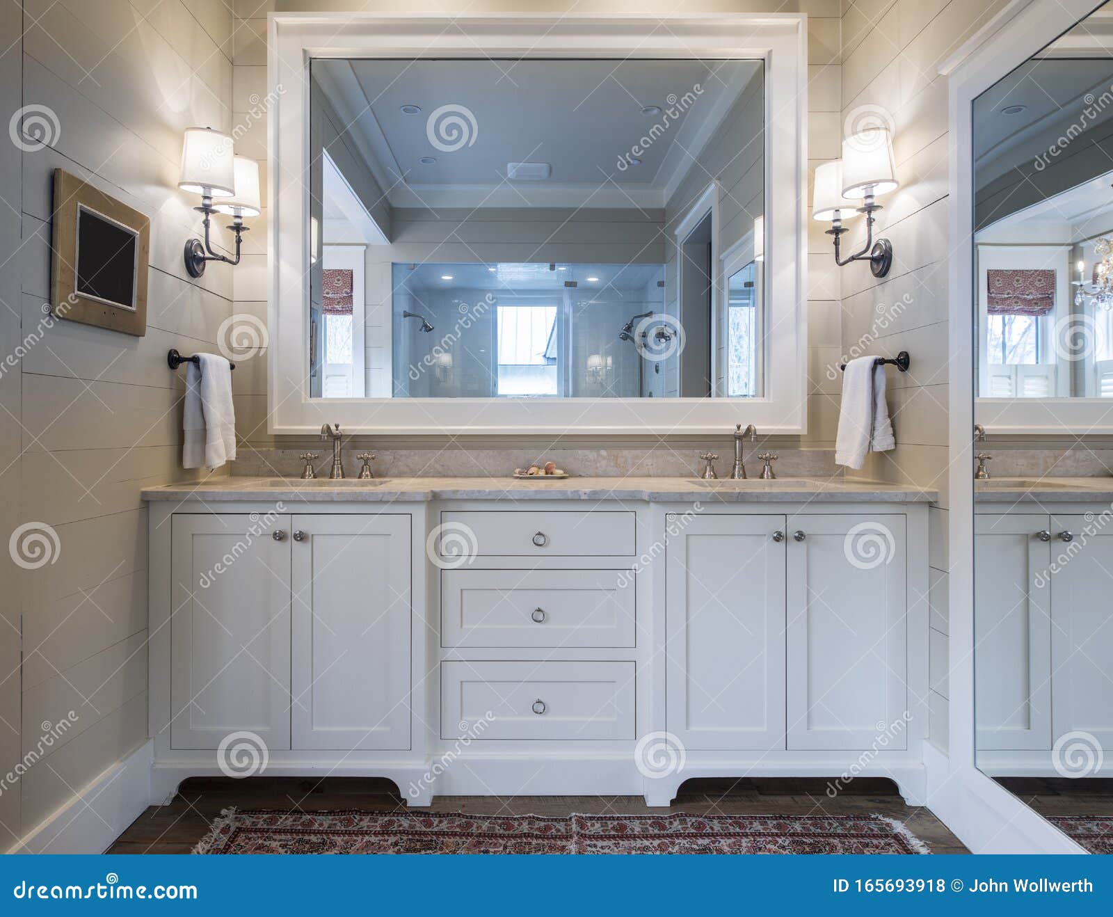 Beautiful Bathroom Interior with Double Sinks and Marble Counter, and