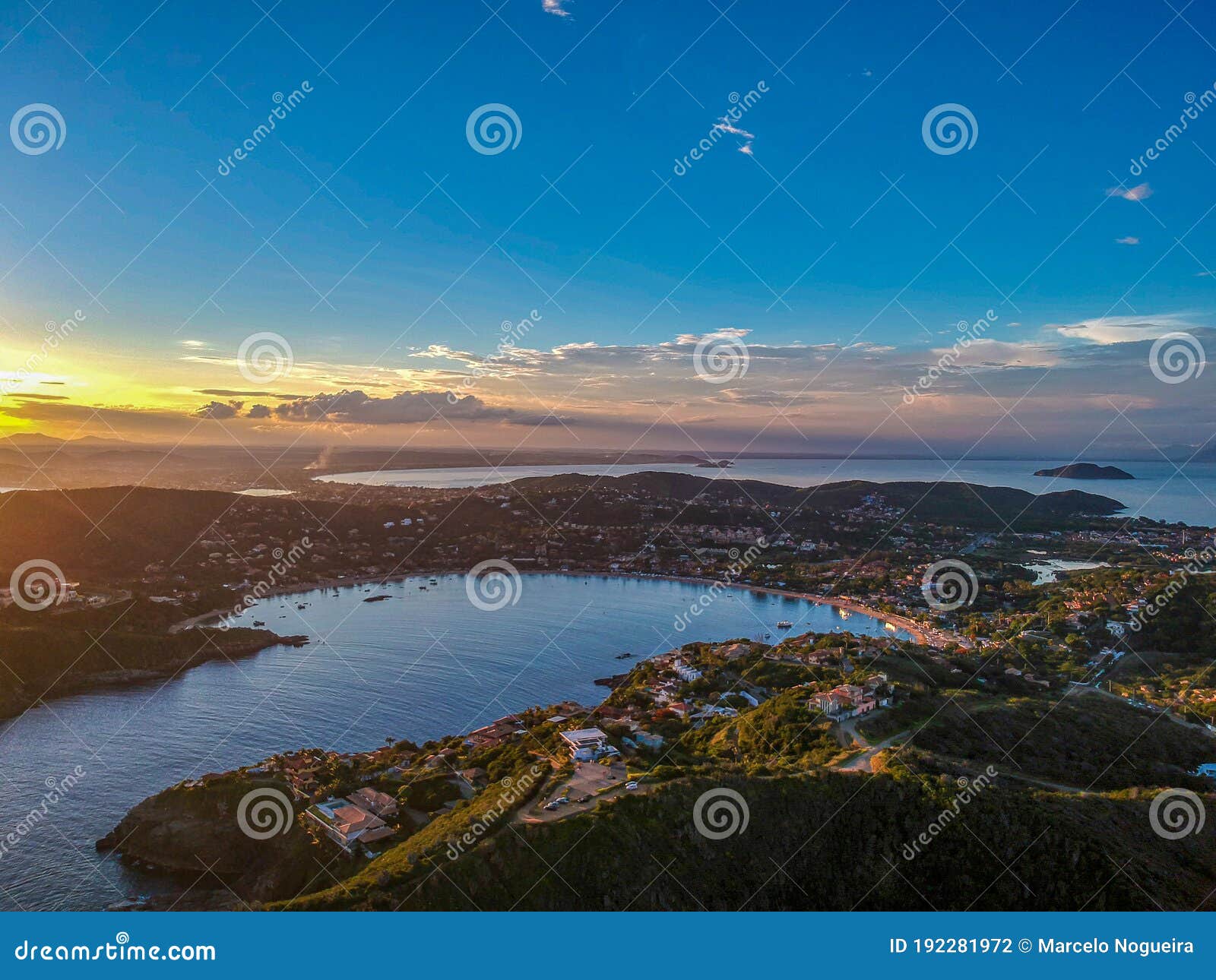 ferradura bay aerial view during sunset