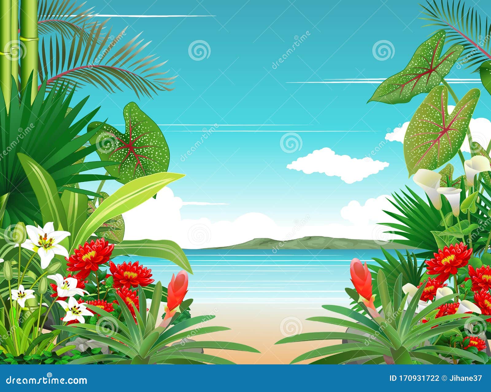 Beautiful Beach Landscape View with Tropical Flower and Mountain Range ...