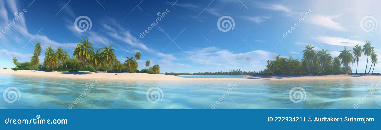 beautiful beach with palms and turquoise sea art summer vacation ocean with island on background, generative ai