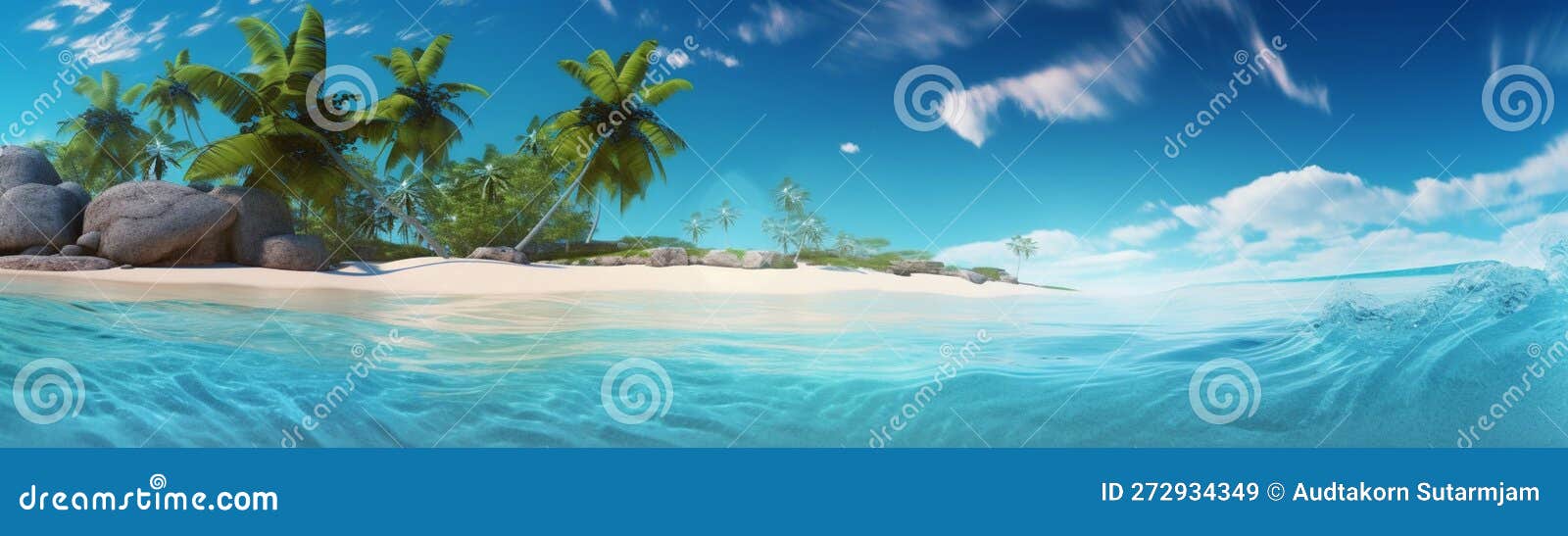 beautiful beach with palms and turquoise sea art summer vacation ocean with island on background, generative ai