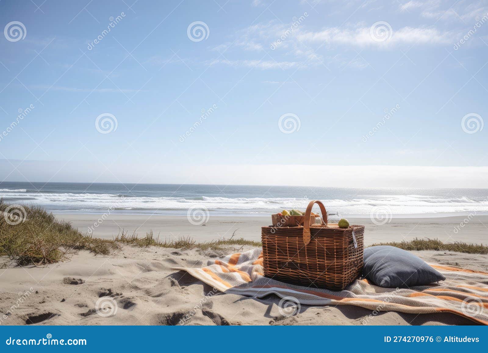 Beautiful Beach with Picnic Basket, Blanket, and View of the Ocean Stock Illustration