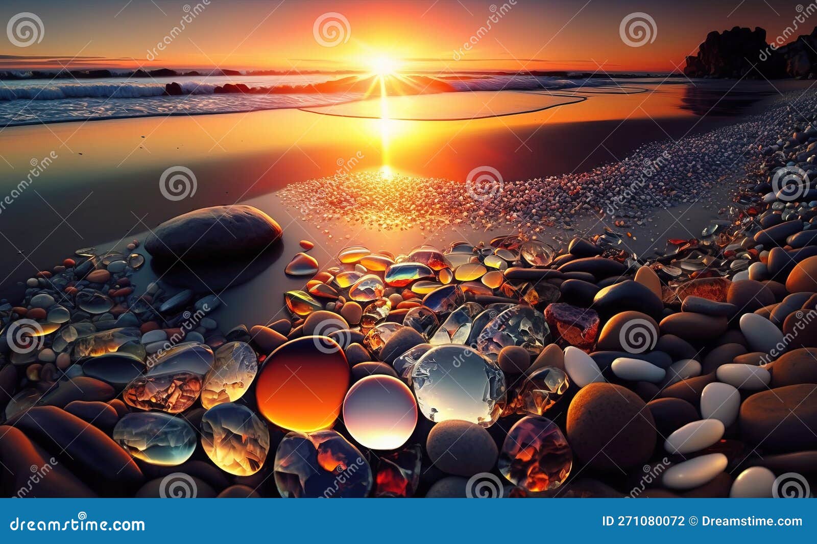 beach at sunset with colorful glowing rocks ,pebbles ,ambers and agates ai generated 