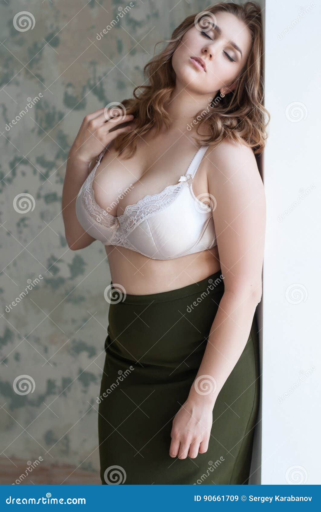 Beautiful Big Girl Stands With His Head And Eyes Closed Stock Image Image Of Curvy Curve