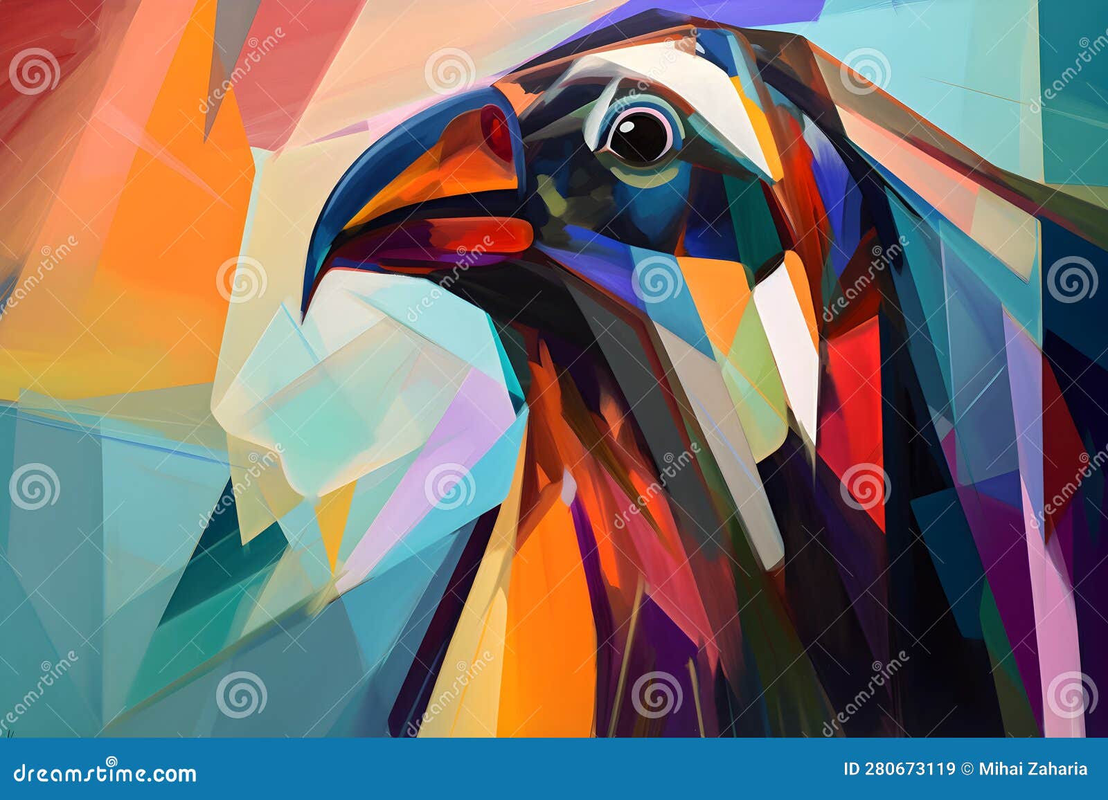 a beautiful bird, modern artwork, abstract colorful painting with geometric s. hand drawn digital painting. generative ai