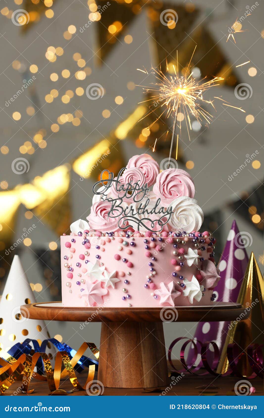 Beautiful Birthday Cake with Burning Sparkle and Decor on Wooden ...