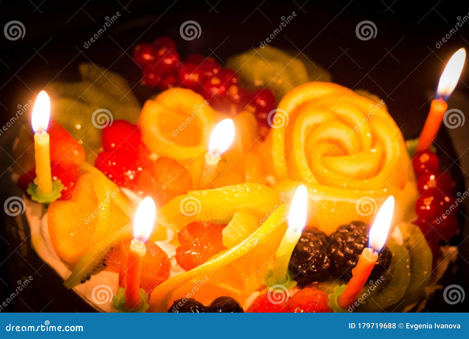 Beautiful Birthday Cake with Candles and Fruit Stock Photo Image of