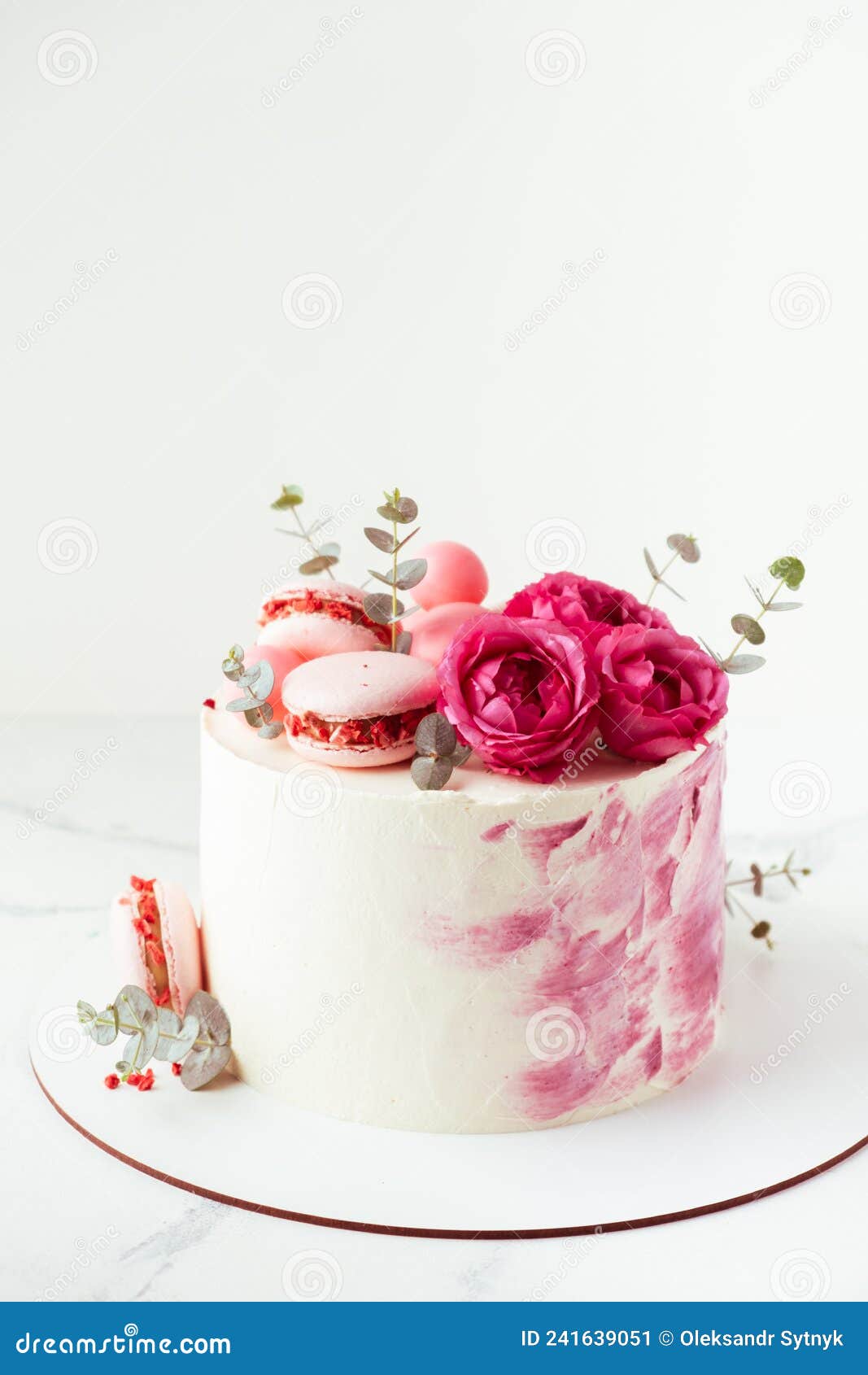 Beautiful Birthday Cake with Pink Cream Cheese Frosting Decorated with Macaroons and Roses. Happy Valentine`s Day Stock Image - Image of ceremony, elegant: 241639051