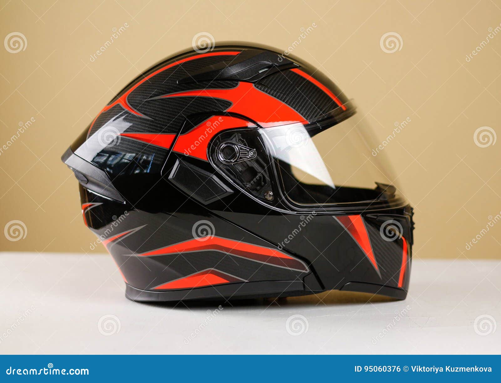 Beautiful Black with Red Motorcycle Helmet. with a Transparent V Stock