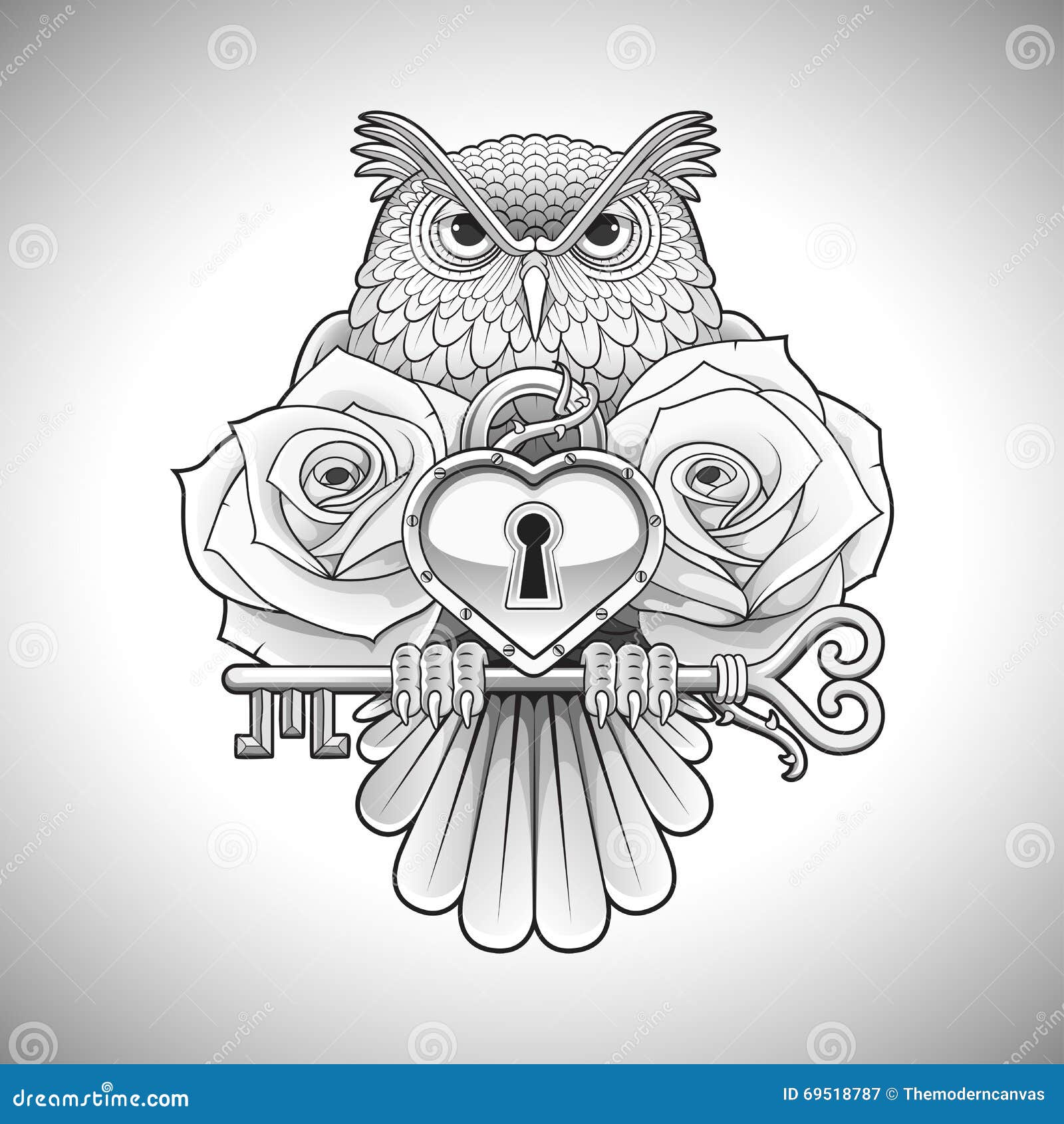 Beautiful Black Tattoo Design of an Owl Holding a Key with a Heart Locket  and Roses Stock Vector - Illustration of concept, ornate: 69518787