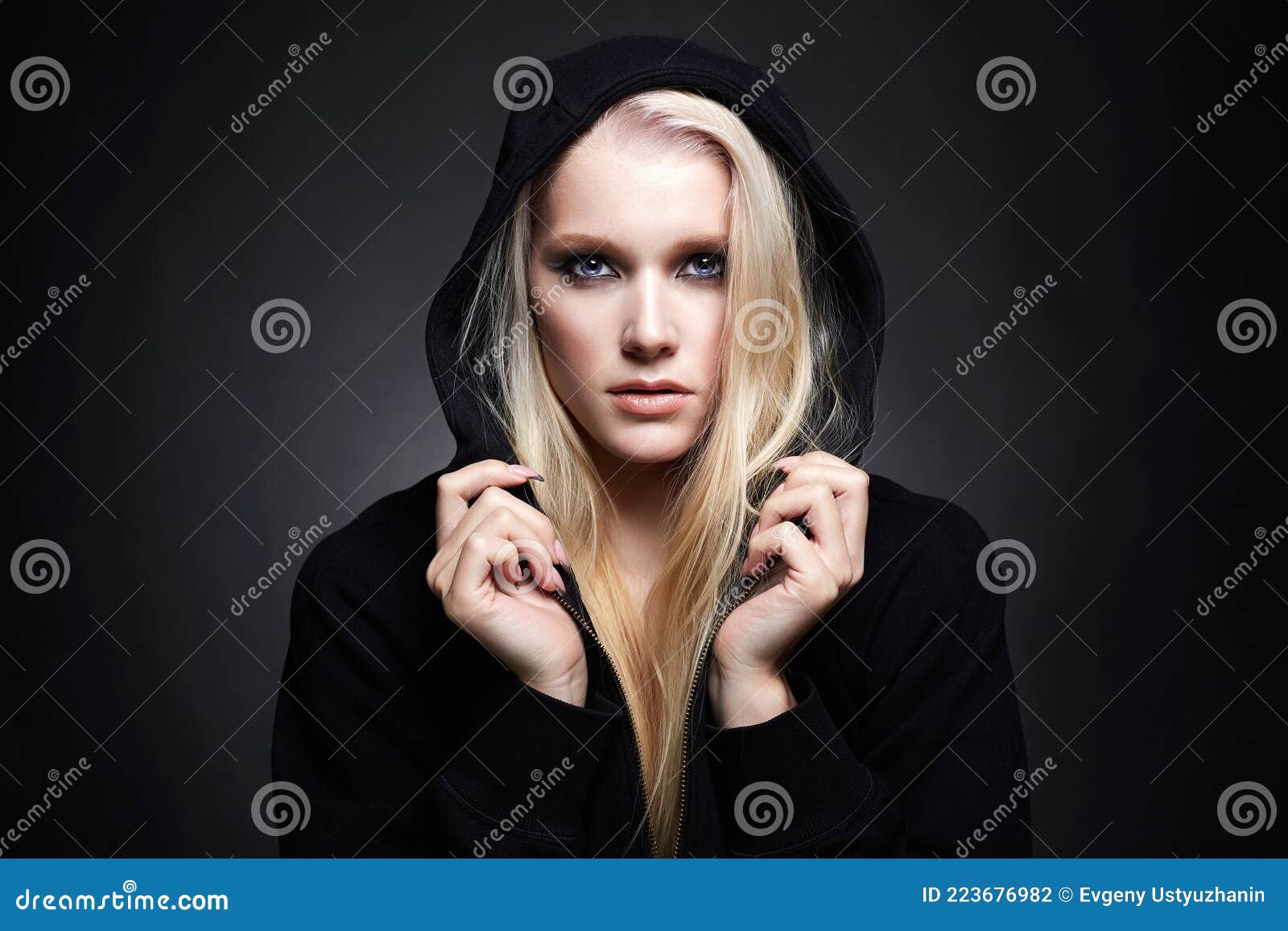 Beautiful Blond Woman in Hood. Pretty Girl Stock Photo - Image of dark ...