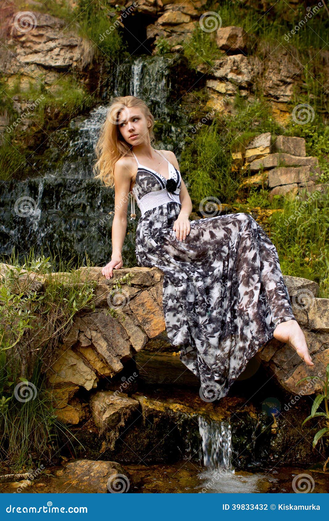 Beautiful Blonde Girl On The Background Of The Waterfall Stock Photo Image Of Pond Blonde