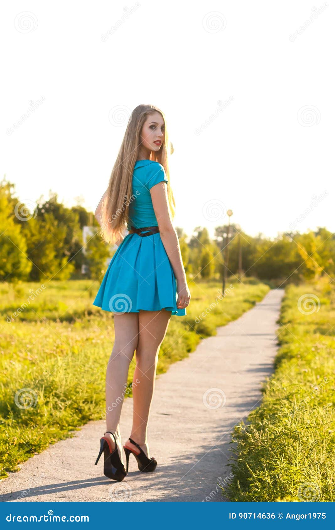 blonde teen blue dress