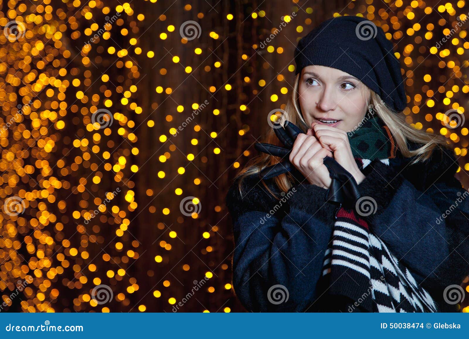 Beautiful Blonde Girl on Blurred Background of Yellow Lights Stock ...