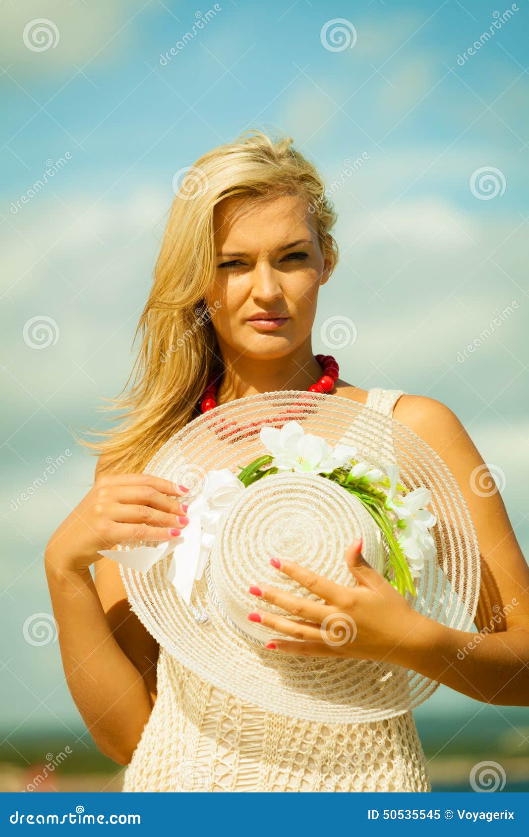 Beautiful Blonde Girl In Hat On Beach Summertime Stock Image Image Of Walk Coast 50535545