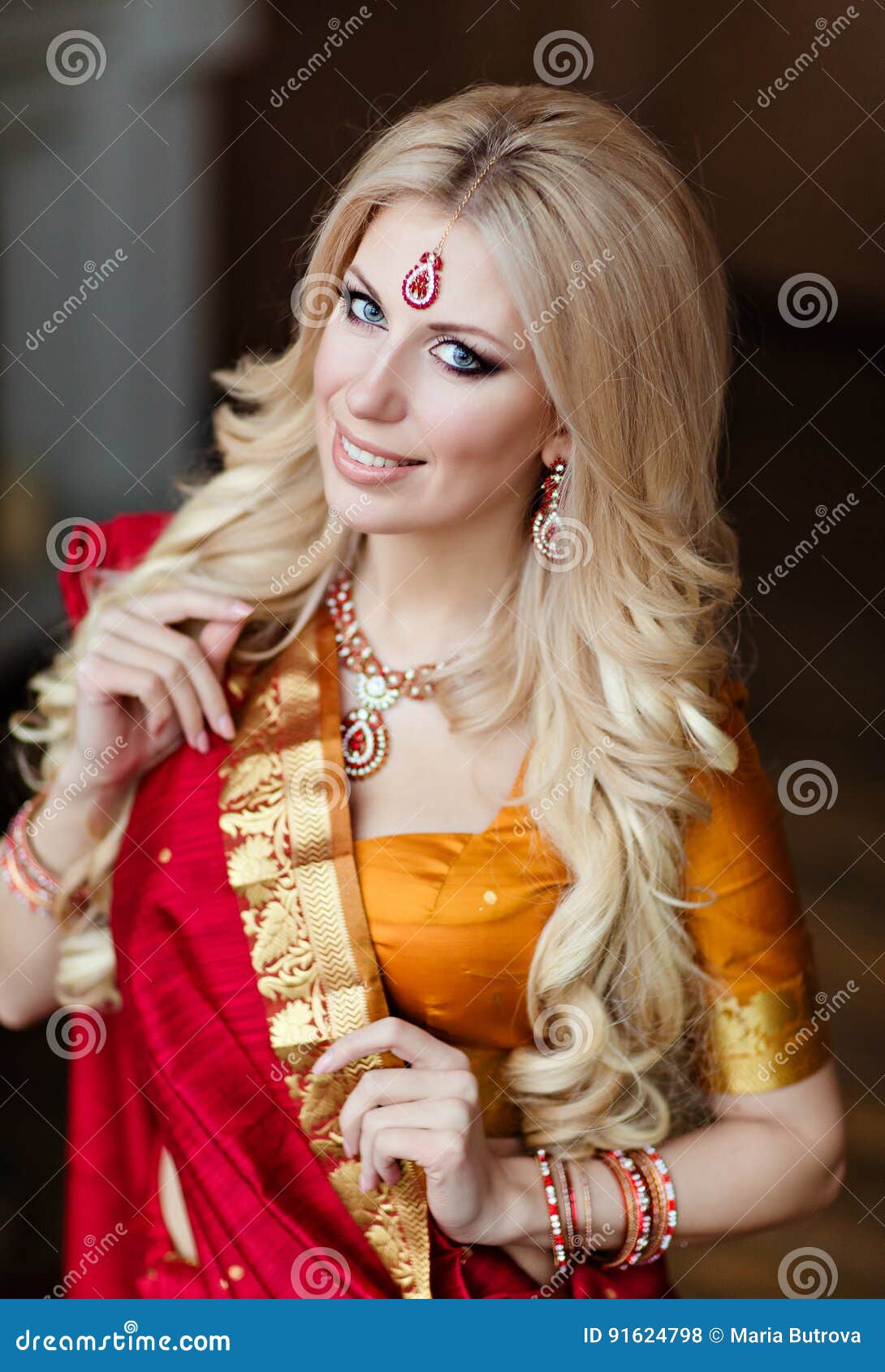 Beautiful Blonde Girl In Indian Red Saree Around The Christmas T Stock Photo Image Of Eyes Hindu 91624798