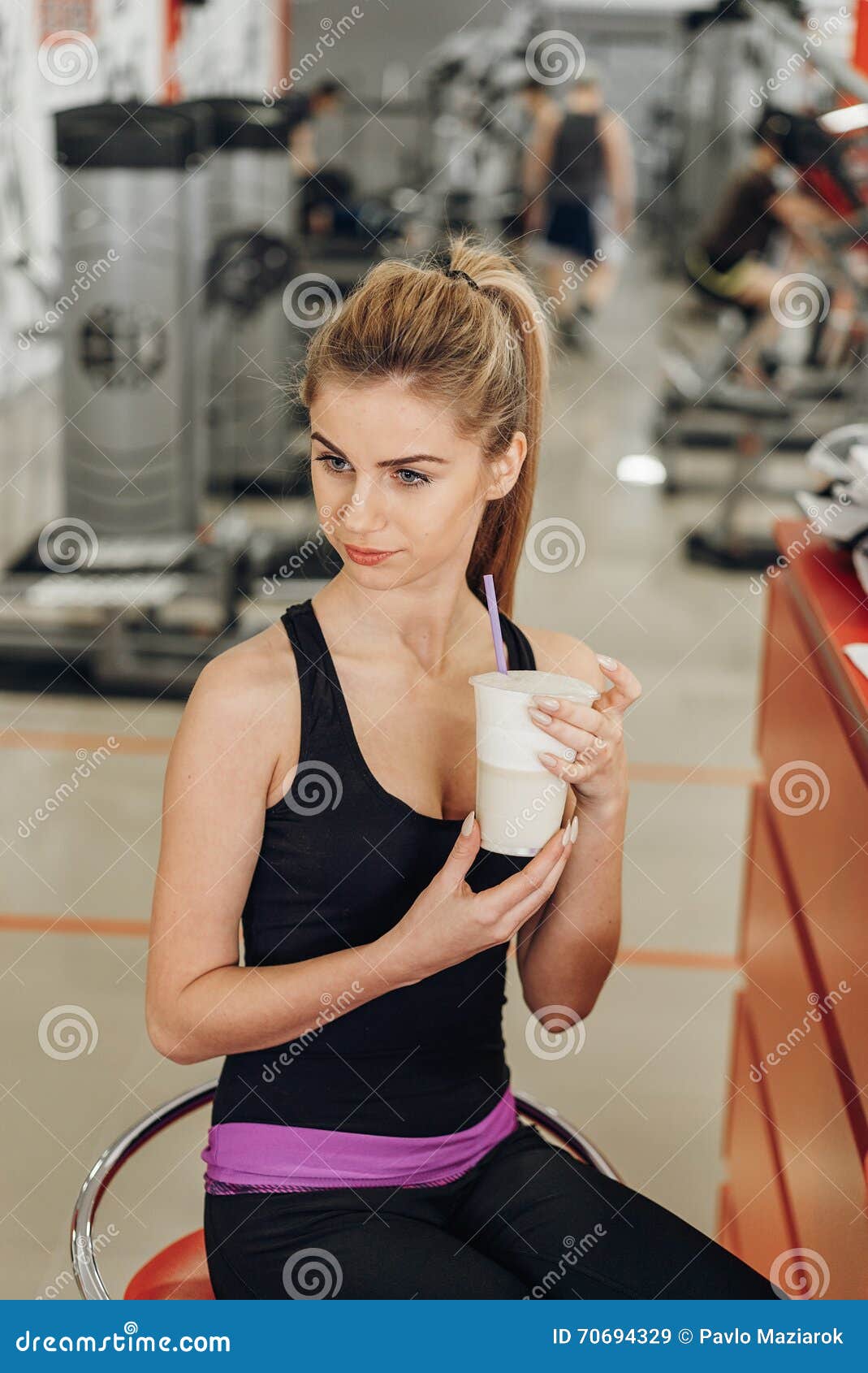 Beautiful Blonde In The Gym Drink Protein Stock Image Image Of