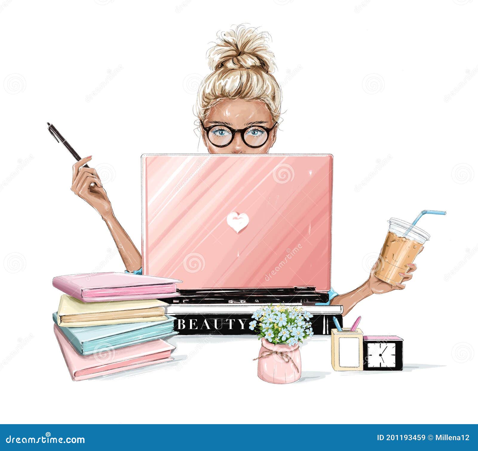 beautiful blonde hair woman working on laptop computer. pretty girl sitting at table, holding plastic coffee cup and using pen.