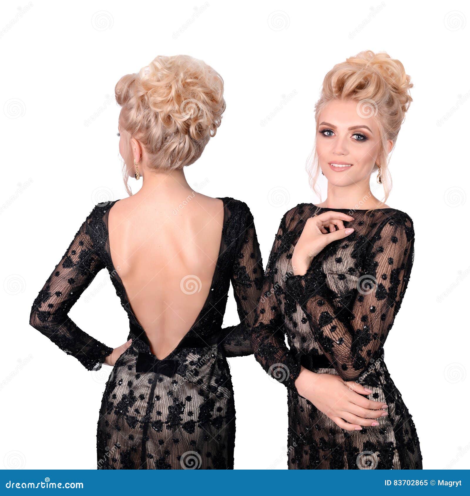 https://thumbs.dreamstime.com/z/beautiful-blonde-woman-elegant-black-low-cut-evening-dress-updo-hairstyle-front-back-view-isolated-white-83702865.jpg