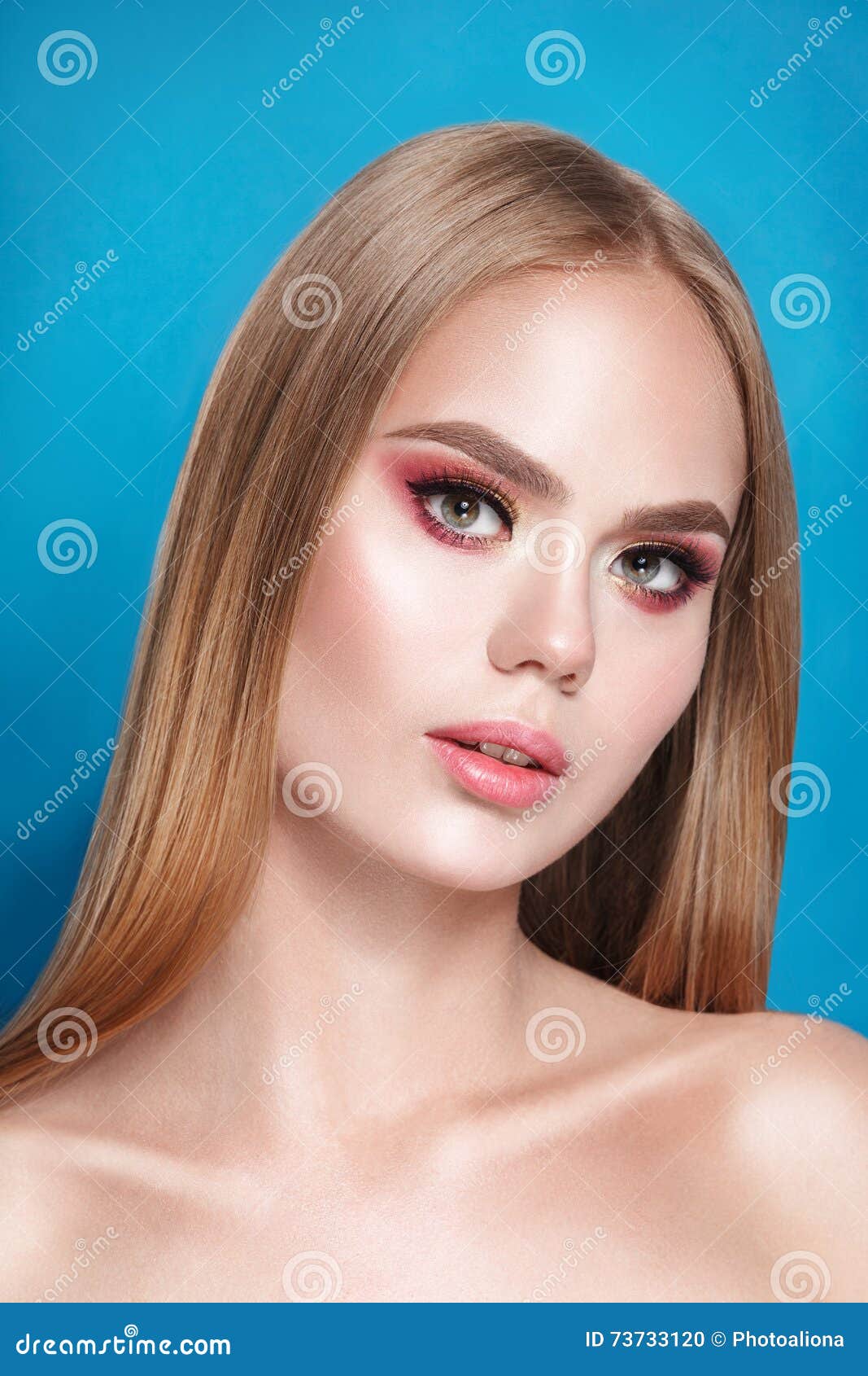 Beautiful Blonde Woman With Long Healthy Straight And Shiny Hair Hairstyle Loose Stock Photo