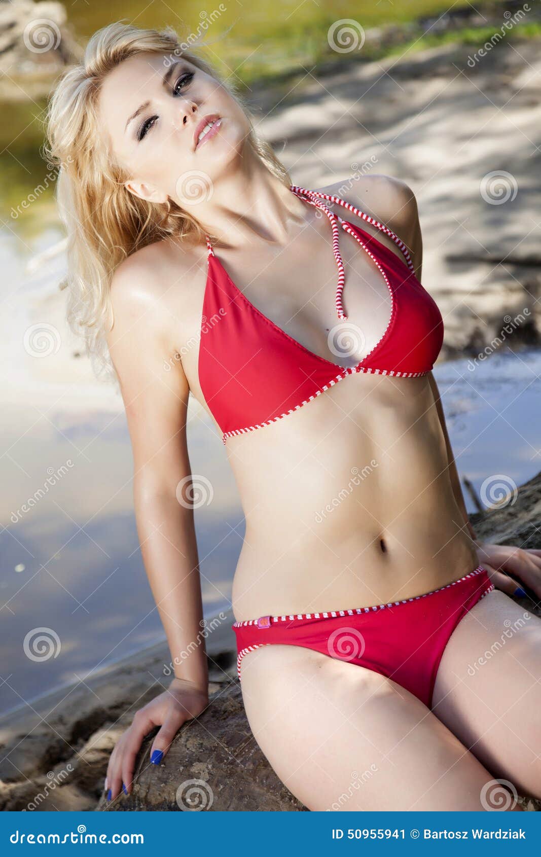 Beautiful Blonde Woman in Red Bikini Stock Image