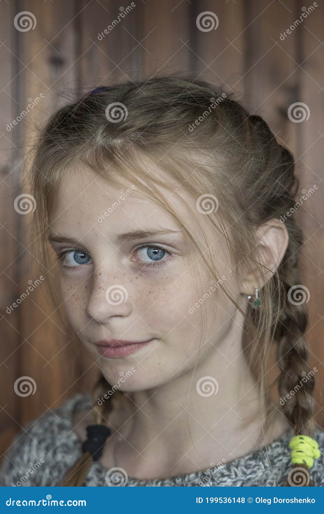 Beautiful Blonde Young Girl with Freckles Indoors on Wooden Background,  Closeup Portrait Stock Photo - Image of expression, happiness: 199536148