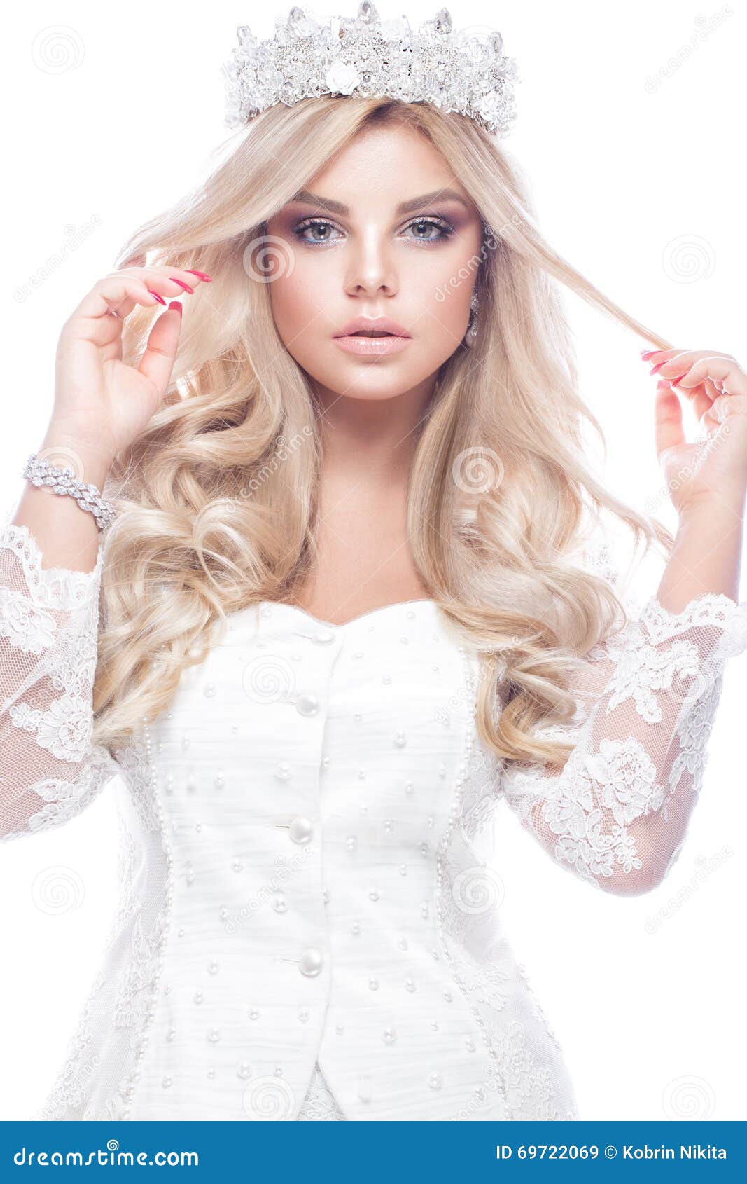 Beautiful Blondie Girl Model In Lace Wedding Dress With 