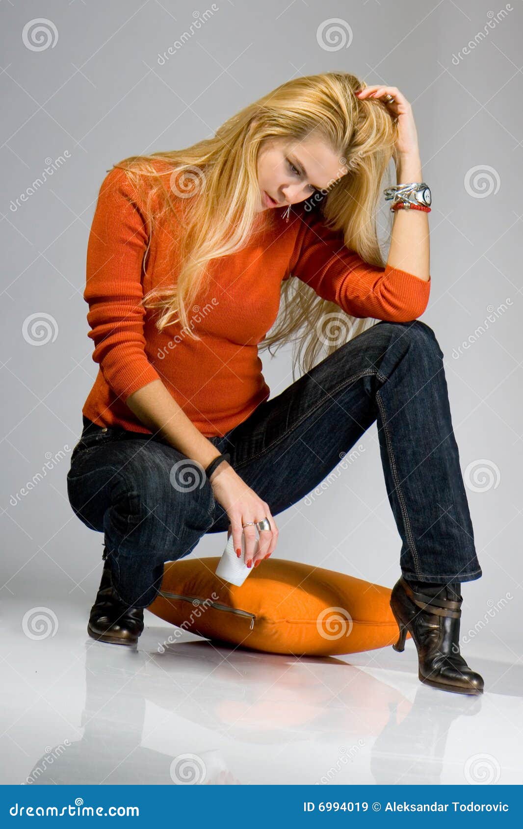 Beautiful Blondy Sitting on Pillow and Posing Stock Image Image of