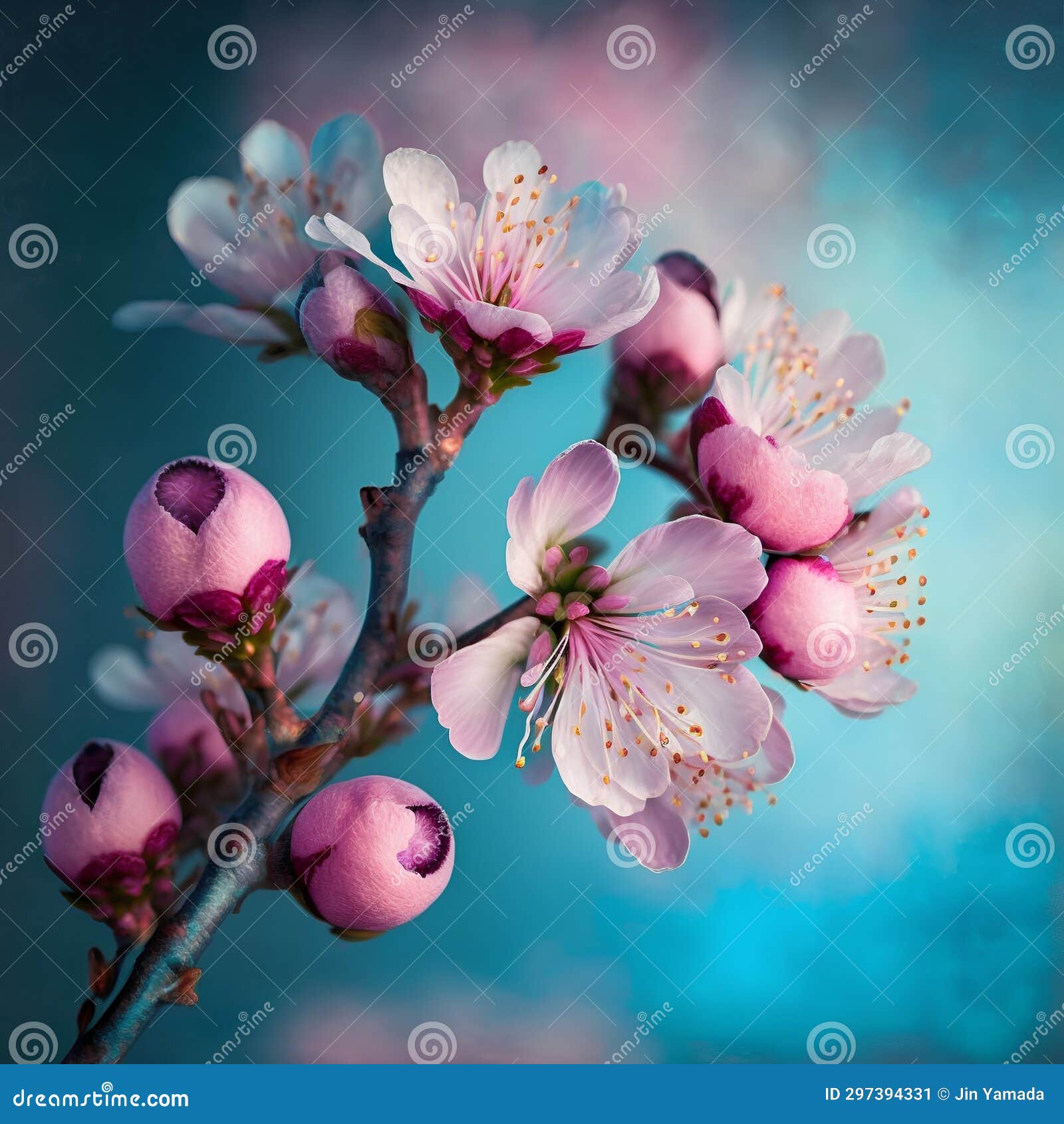Beautiful Blooming Tree Branch with Pink Flowers on Blue Background