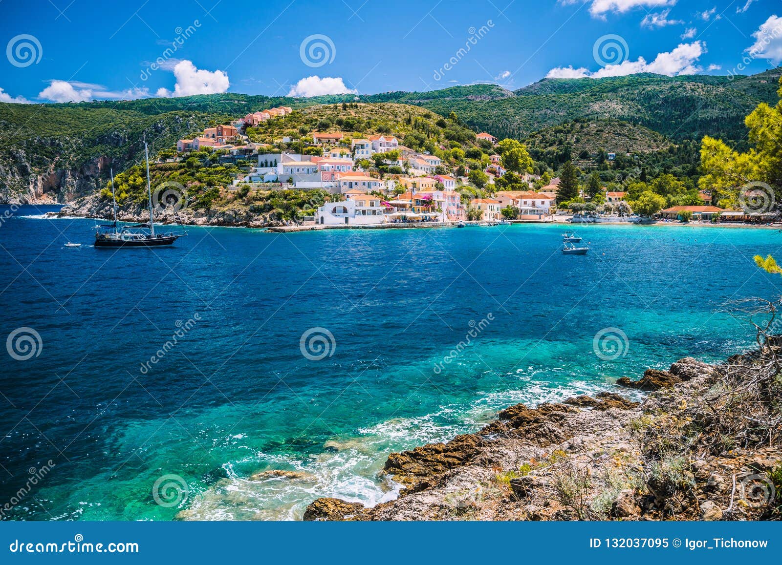 beautiful blue bay in assos village located on kefalonia. summer tourism vacation trip around greece