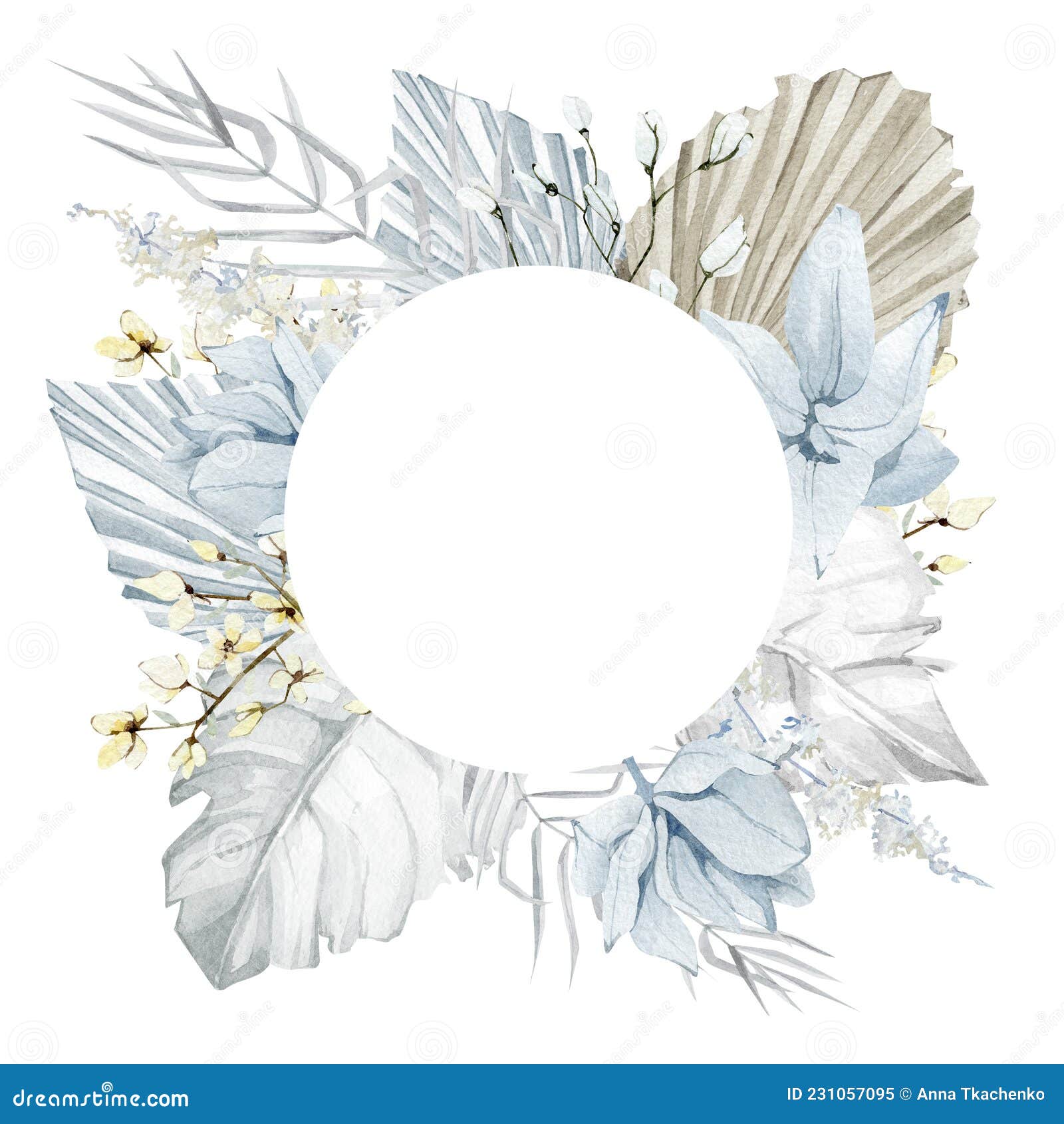 beautiful blue floral frame with watercolor bohemian tropical twigs, dried palm leaves, pampas grass, white orhid.