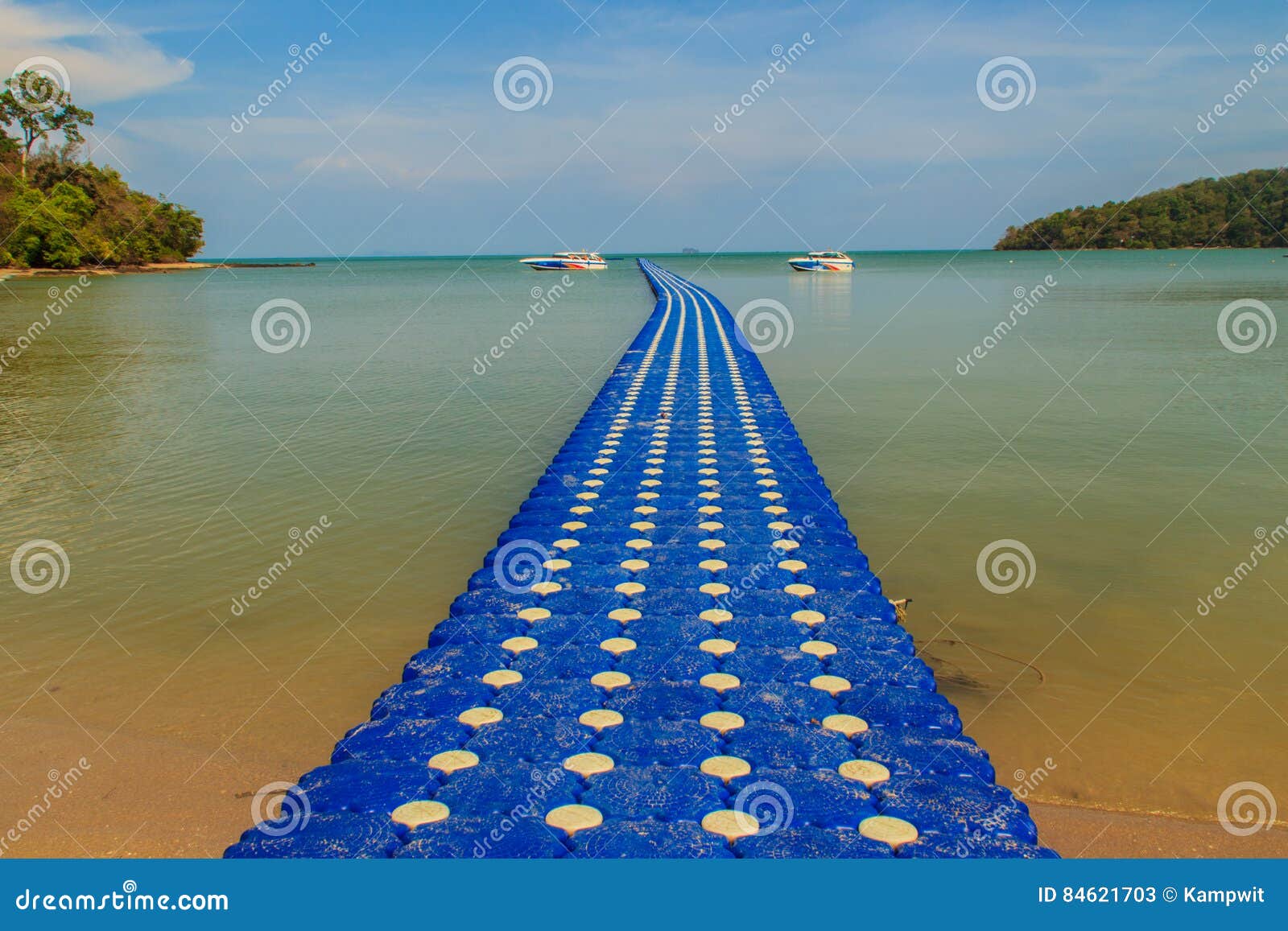 Beautiful Blue Pontoon Made From Plastic Floating In The Sea Rotomolding Jetty A Landing Stage Or Small Pier At Which Boats Can Stock Image Image Of Clear Float 84621703