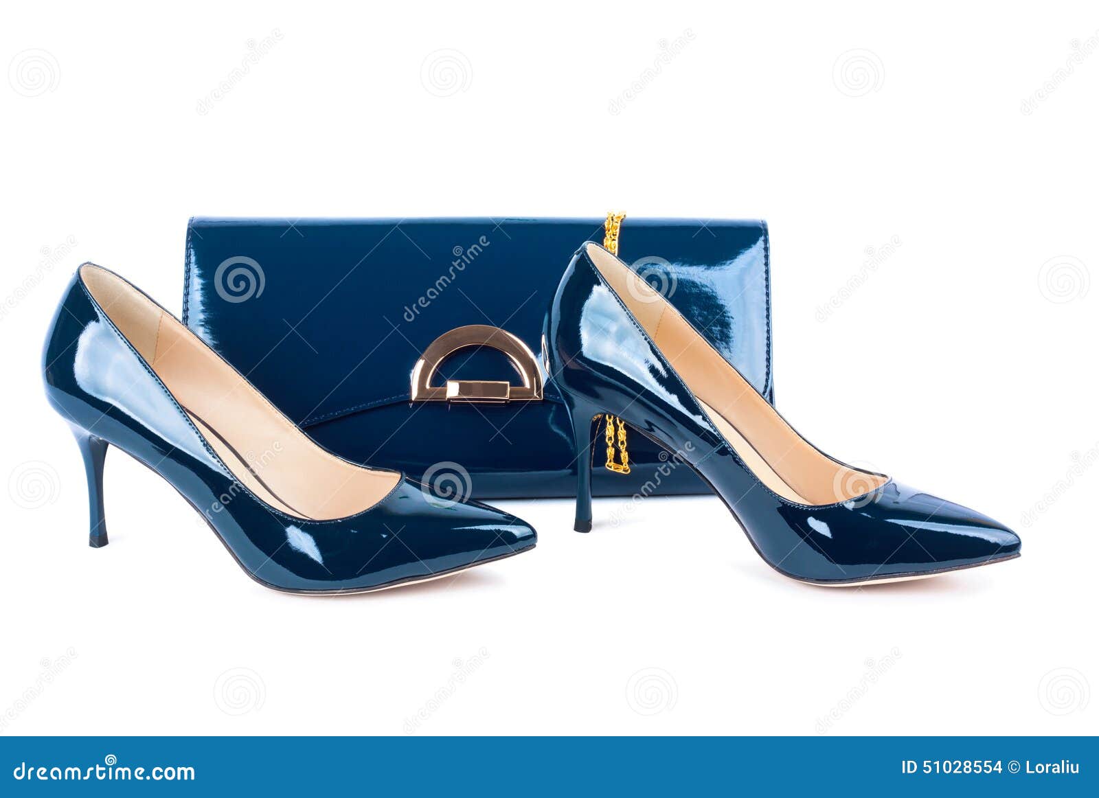Beautiful Blue Shoes with Clutches on Isolated Background Stock Photo