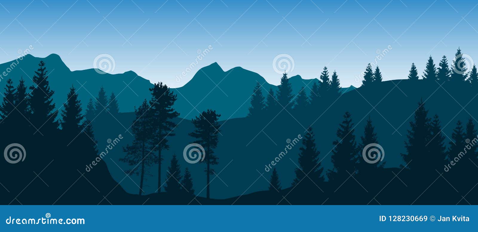 beautiful blue  landscape with layered forested mountains
