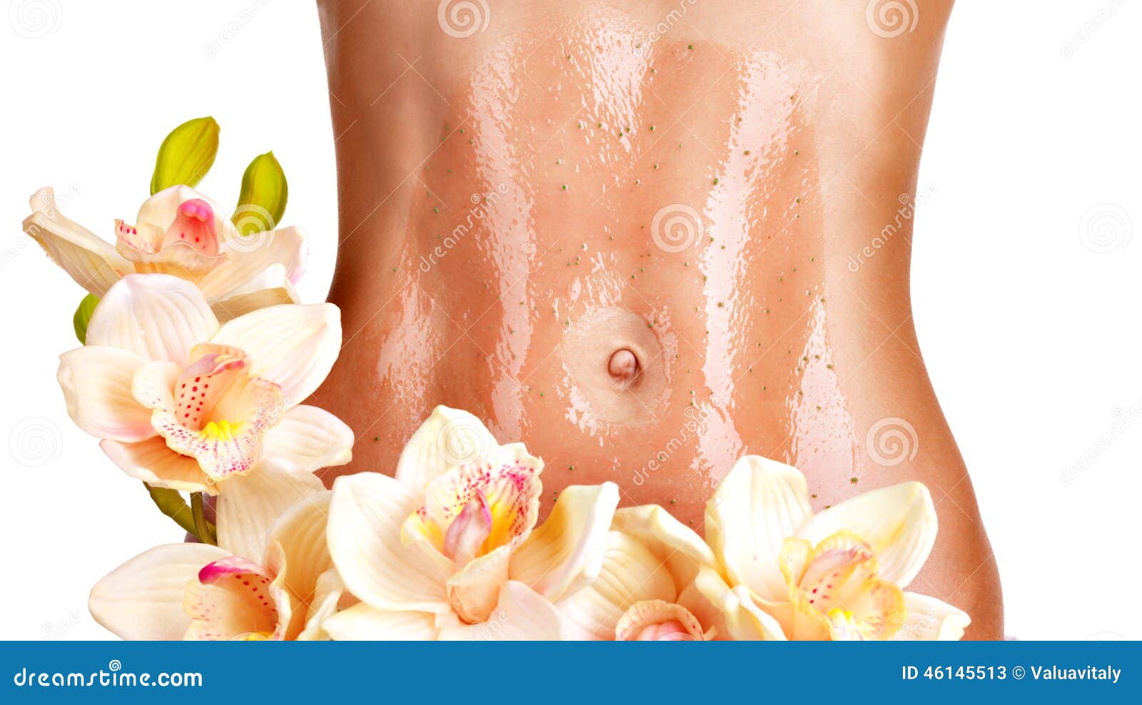 Beautiful body with scrub on a white background with a flower