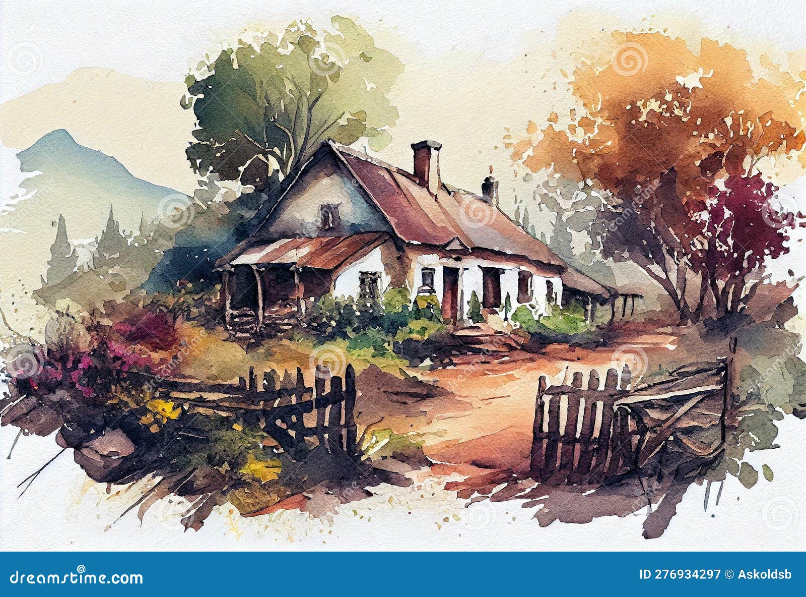 Digital paintings rural landscape. Old village, pond, sky. Drawing, paint.  Fine art. Stock Illustration | Adobe Stock