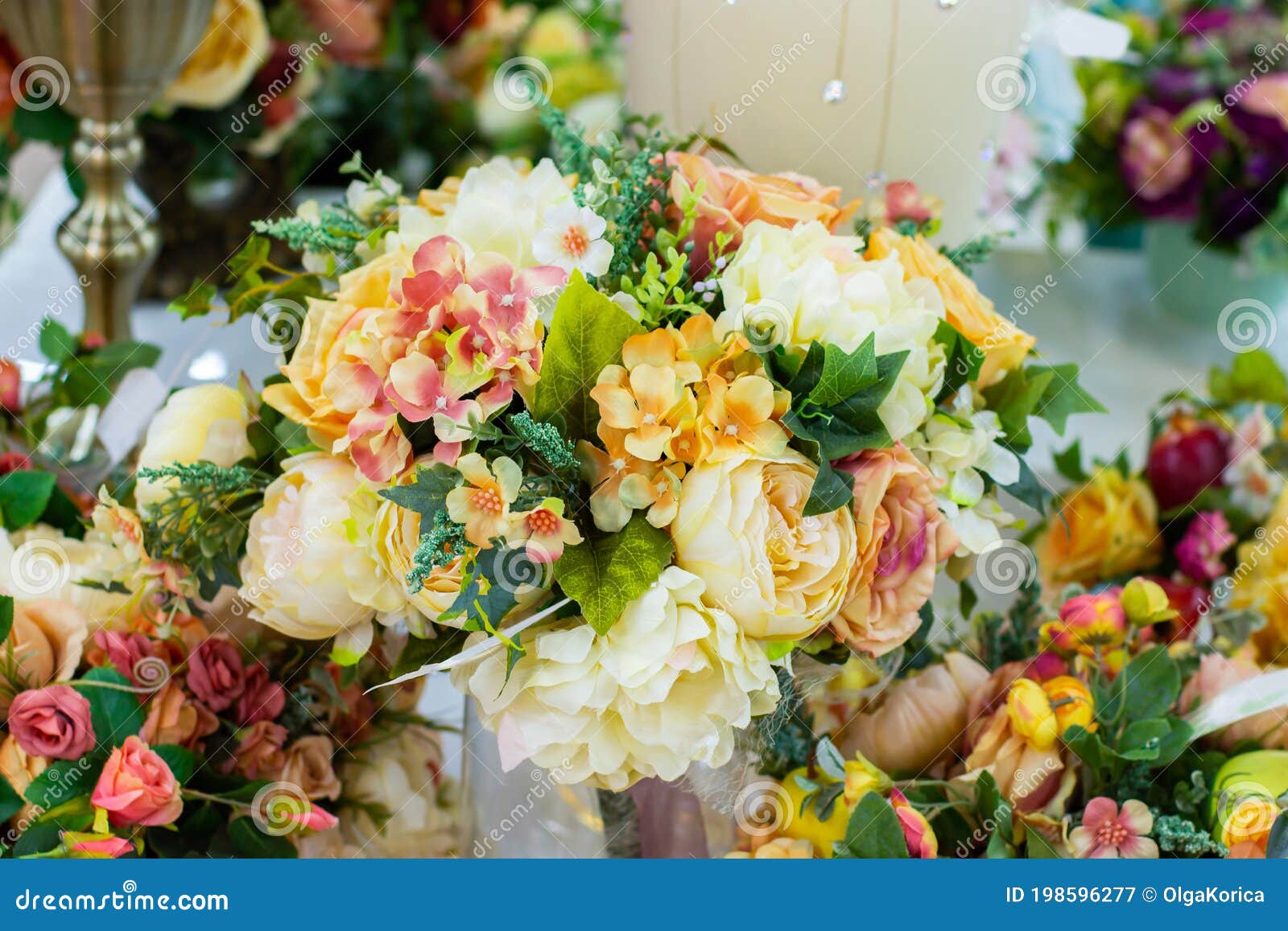 Beautiful Bouquet Of Artificial Flowers Rose Hydrangea Green Leaves Floristry Making Bouquets Selling Flowers Decorating Stock Image Image Of Durable Home 198596277