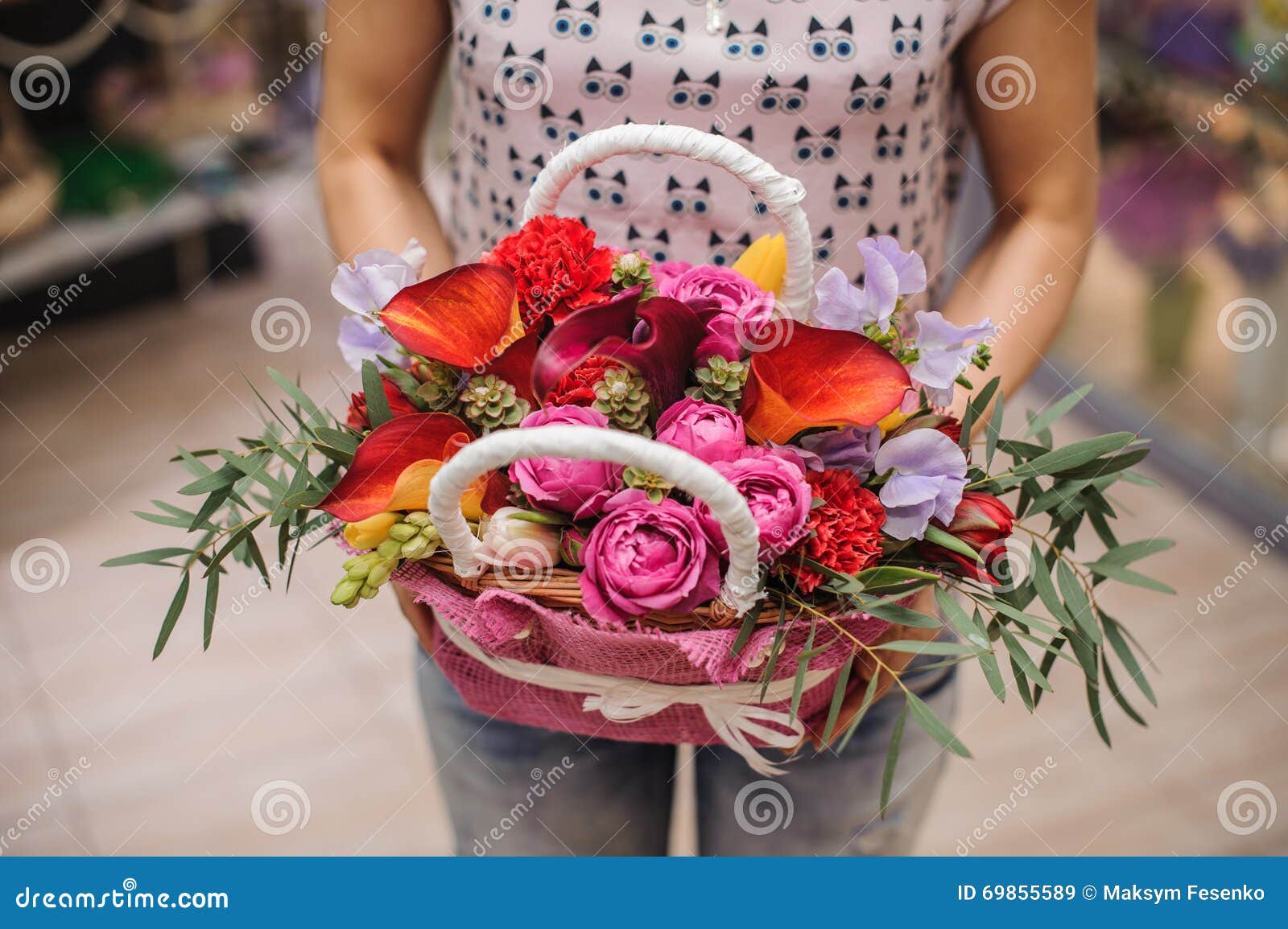 Beautiful Bouquet of Bright Flower Basket in Hands Stock Image Image