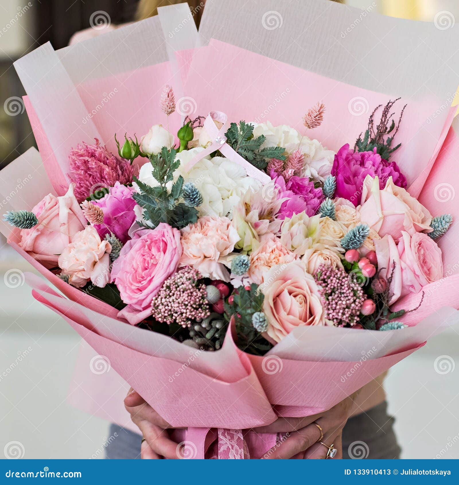 Beautiful Bouquet in Pink Wrapping Paper. Roses and Other Delicate  Beautiful Flowers Stock Image - Image of decoration, nature: 133910413