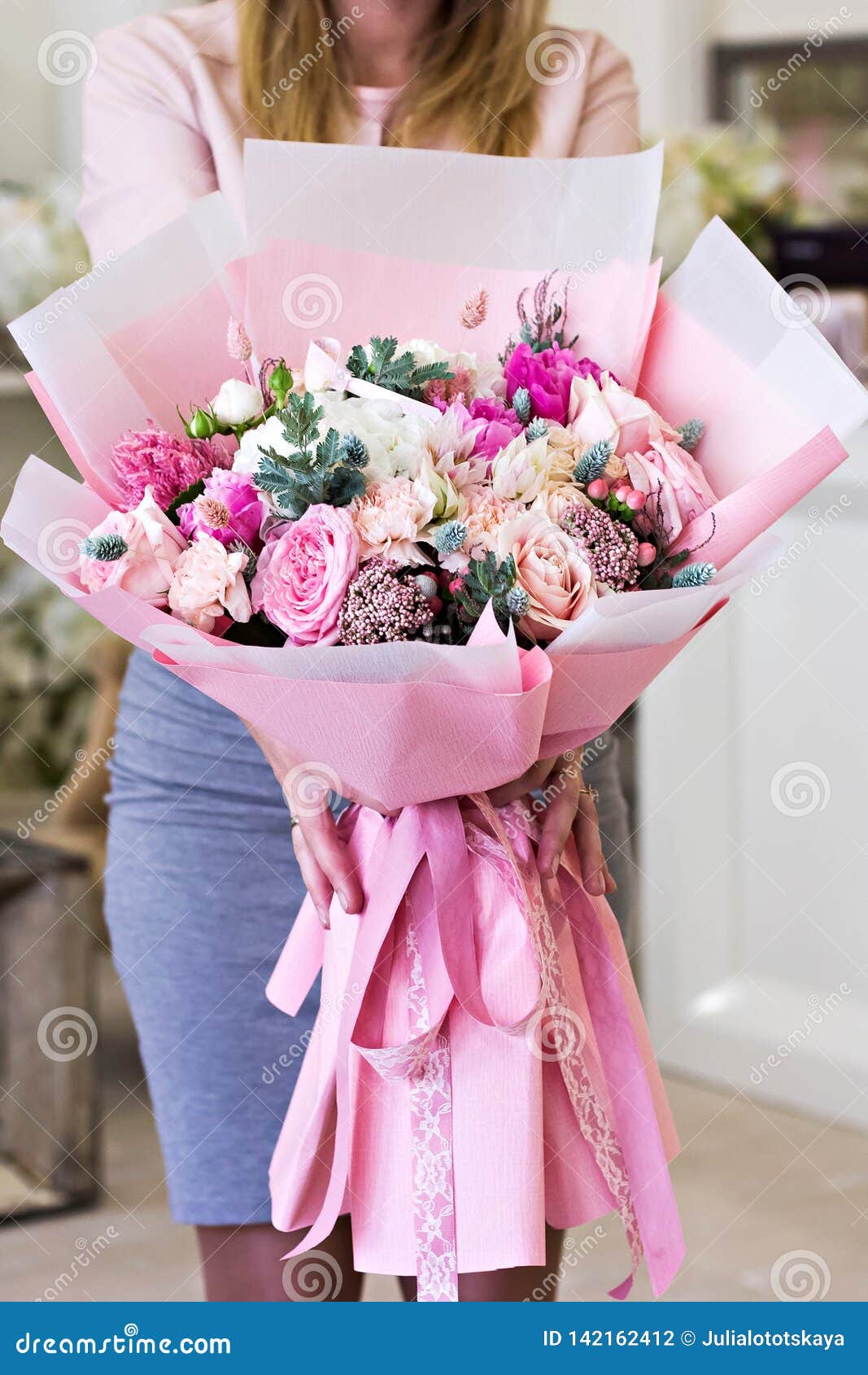Beautiful Bouquet in Pink Wrapping Paper. Roses and Other Delicate