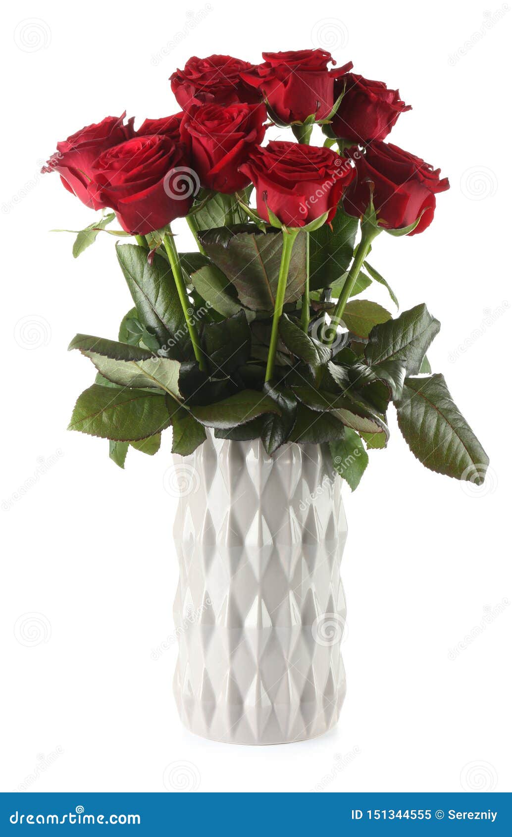 Beautiful Bouquet Of Red Roses In Ceramic Vase On White Background