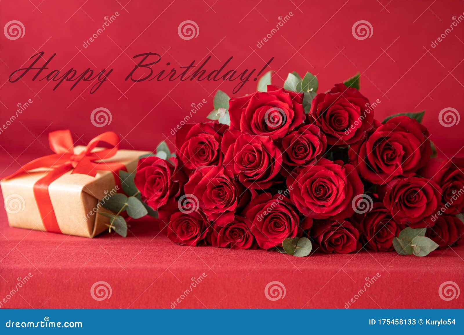 Beautiful Bouquet of Red Roses with Gift Box on the Red Background - Happy  Birthday Greeting Card Concept Stock Image - Image of copy, border:  175458133