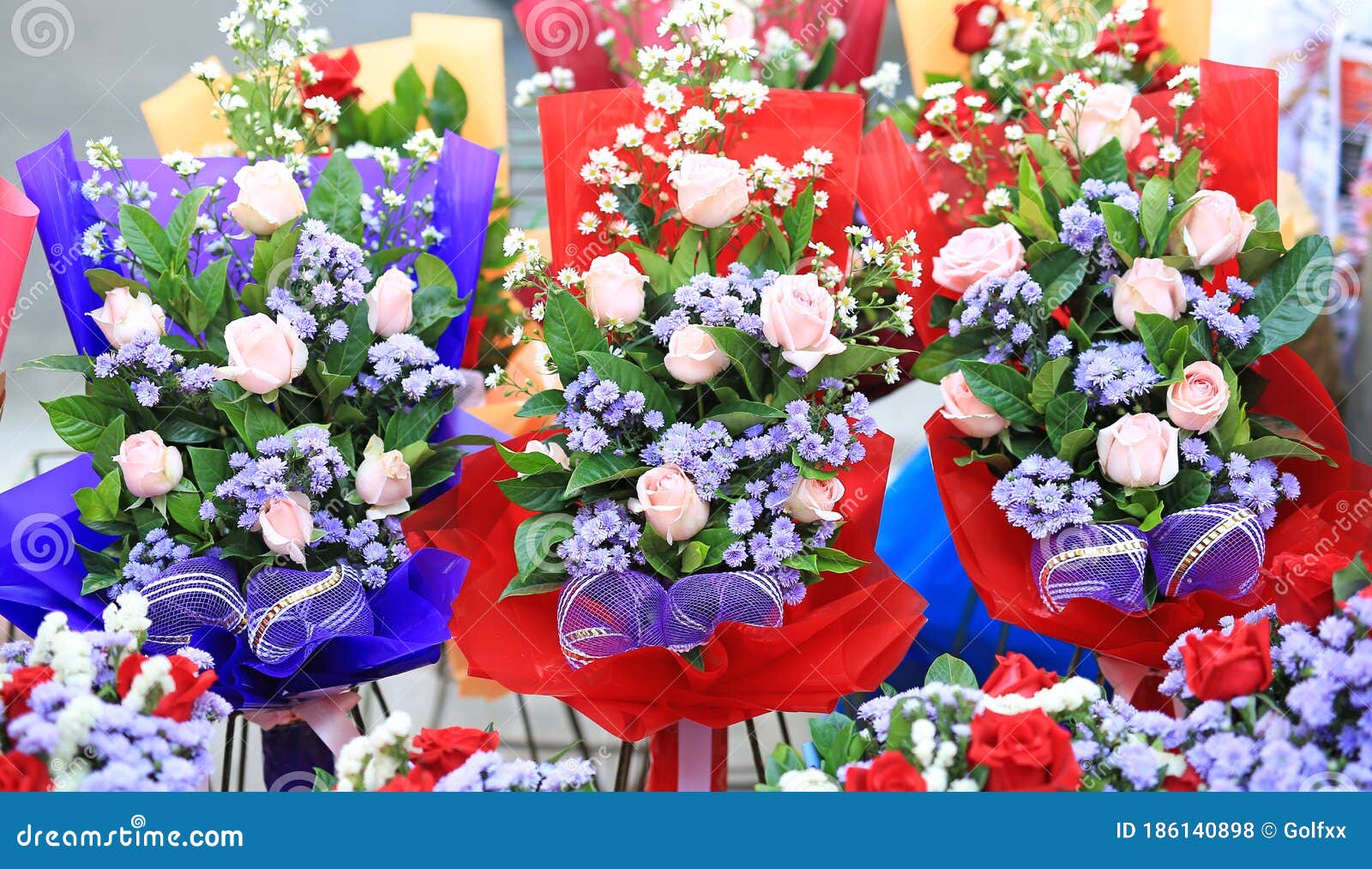 Beautiful Bouquet Rose Flower in the Row for Congratulation Stock Photo