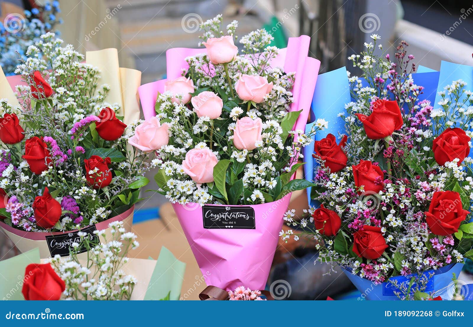Beautiful Bouquet Rose Flower in the Row for Congratulation Stock Photo