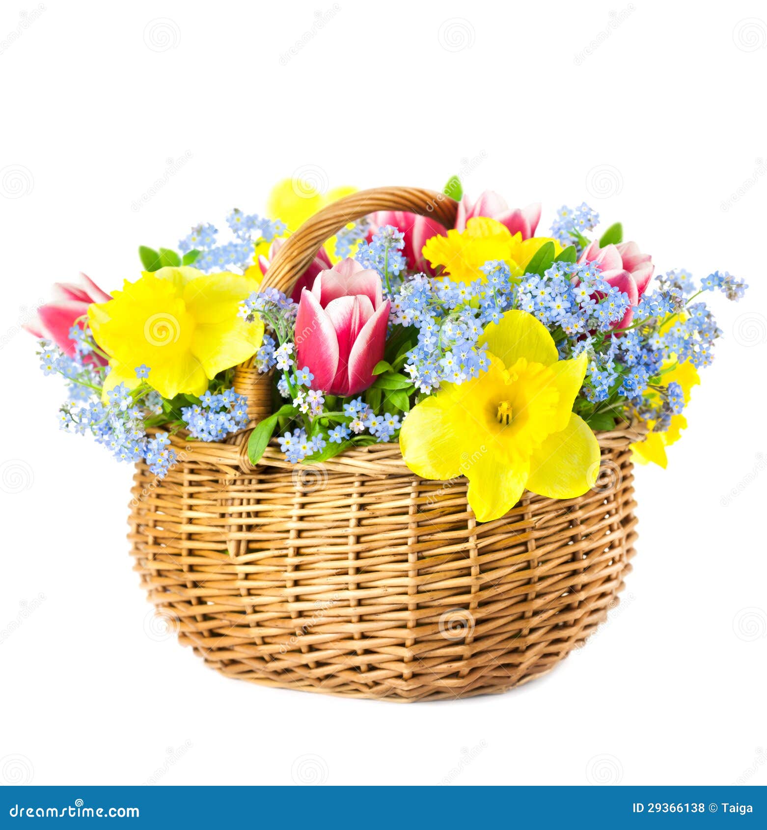 Beautiful Bouquet Of Spring Flowers Into Basket On White 