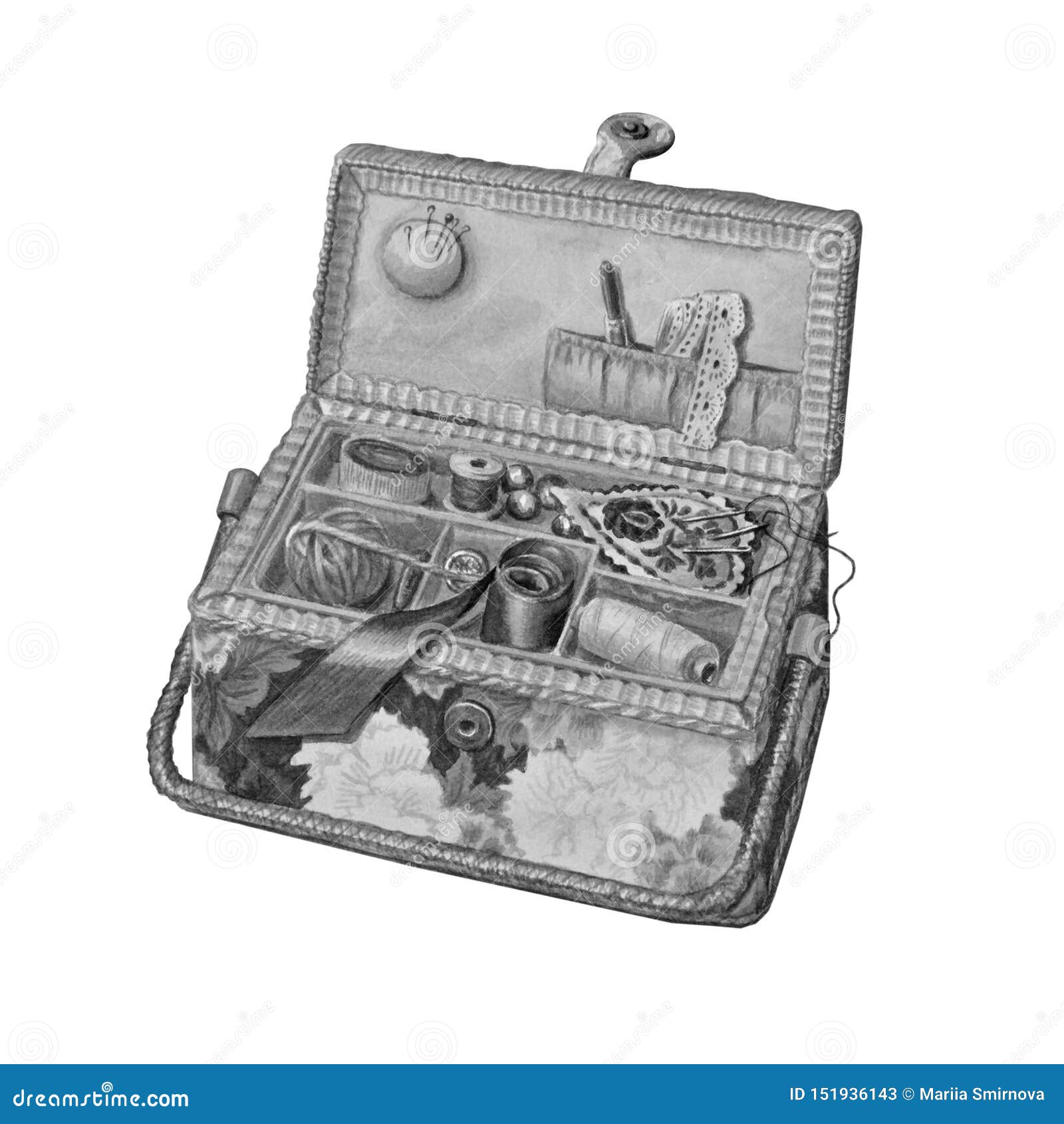 Beautiful Box with Needlework. Vintage Hand-drawn. Stock Illustration